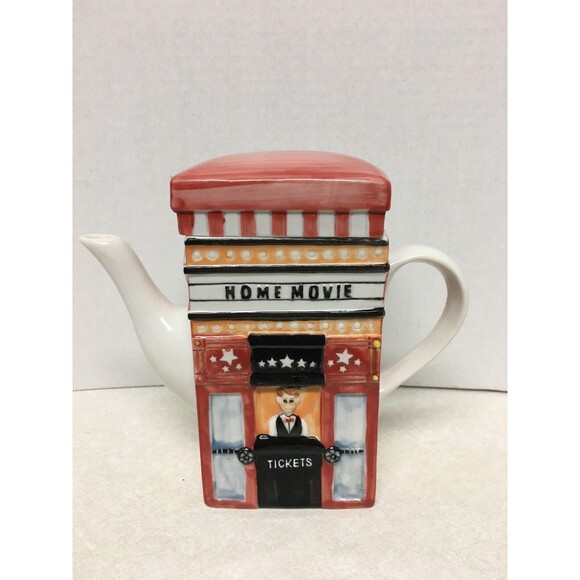 MSRF Inc. 2-Sided Collectible Ceramic Teapot Home Movie And Popcorn - Picture 1 of 5